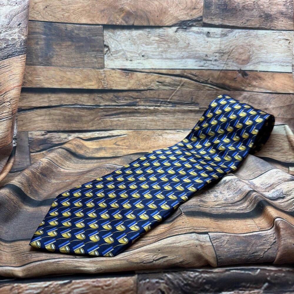 Cambridge Classics Mens Tie 100% Silk Geometric Abstract Navy Blue Gold Italy